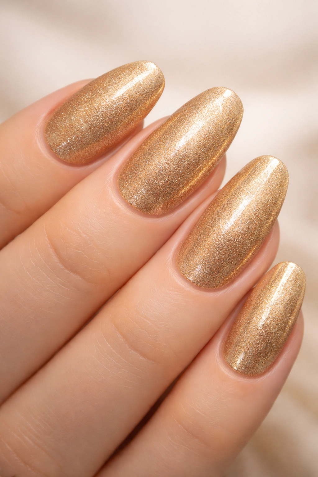 Close-up of nails with gold shimmer dip powder
