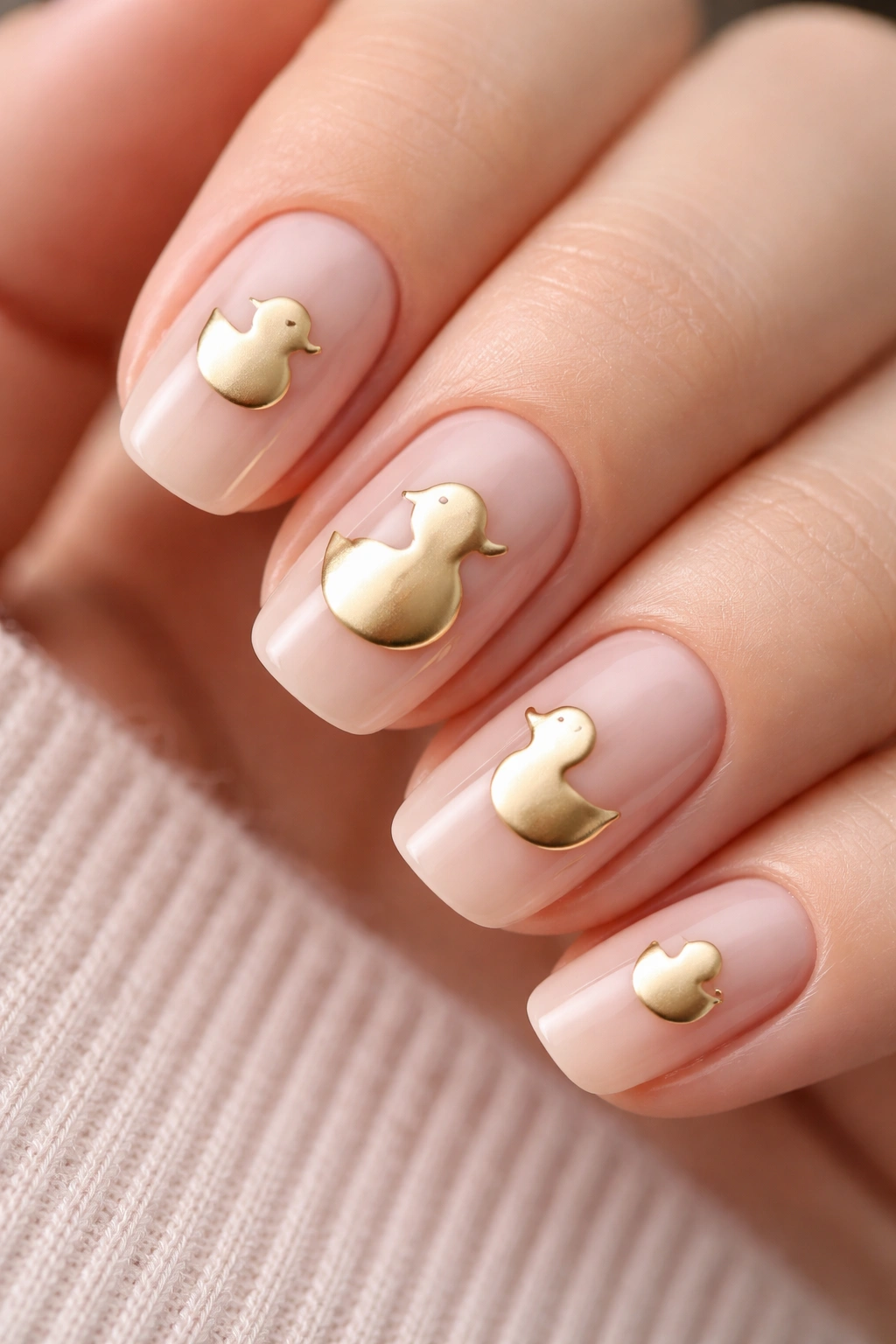 Nails with metallic gold duck silhouette on a neutral base
