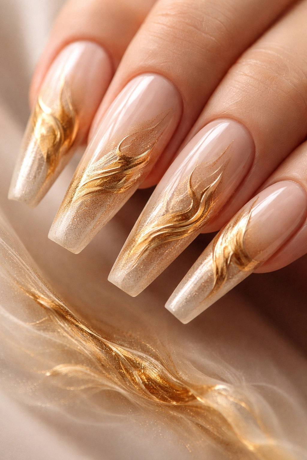 Nude coffin nails with gold smoke gradient pattern close-up