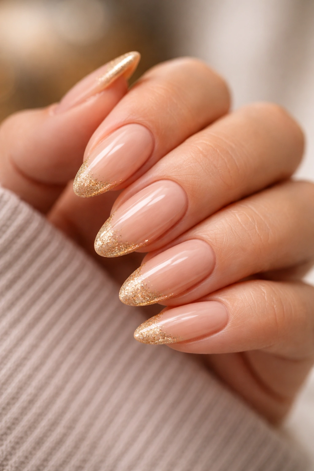 Almond nails with beige base and gold sparkle tips