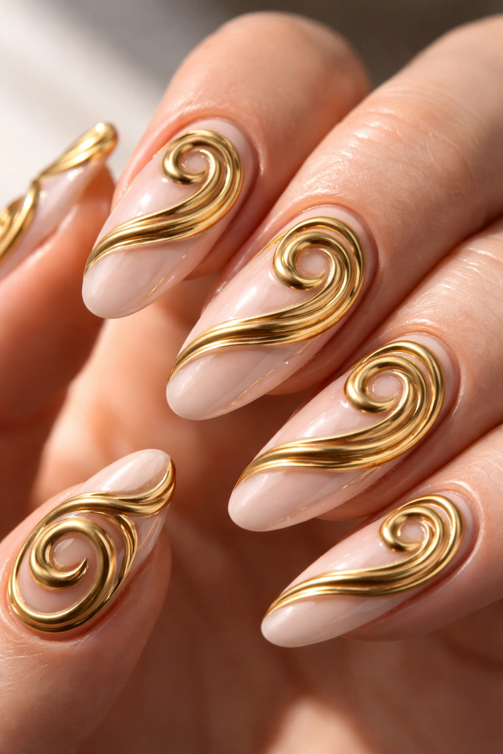 Close-up of nails with raised gold spiral designs