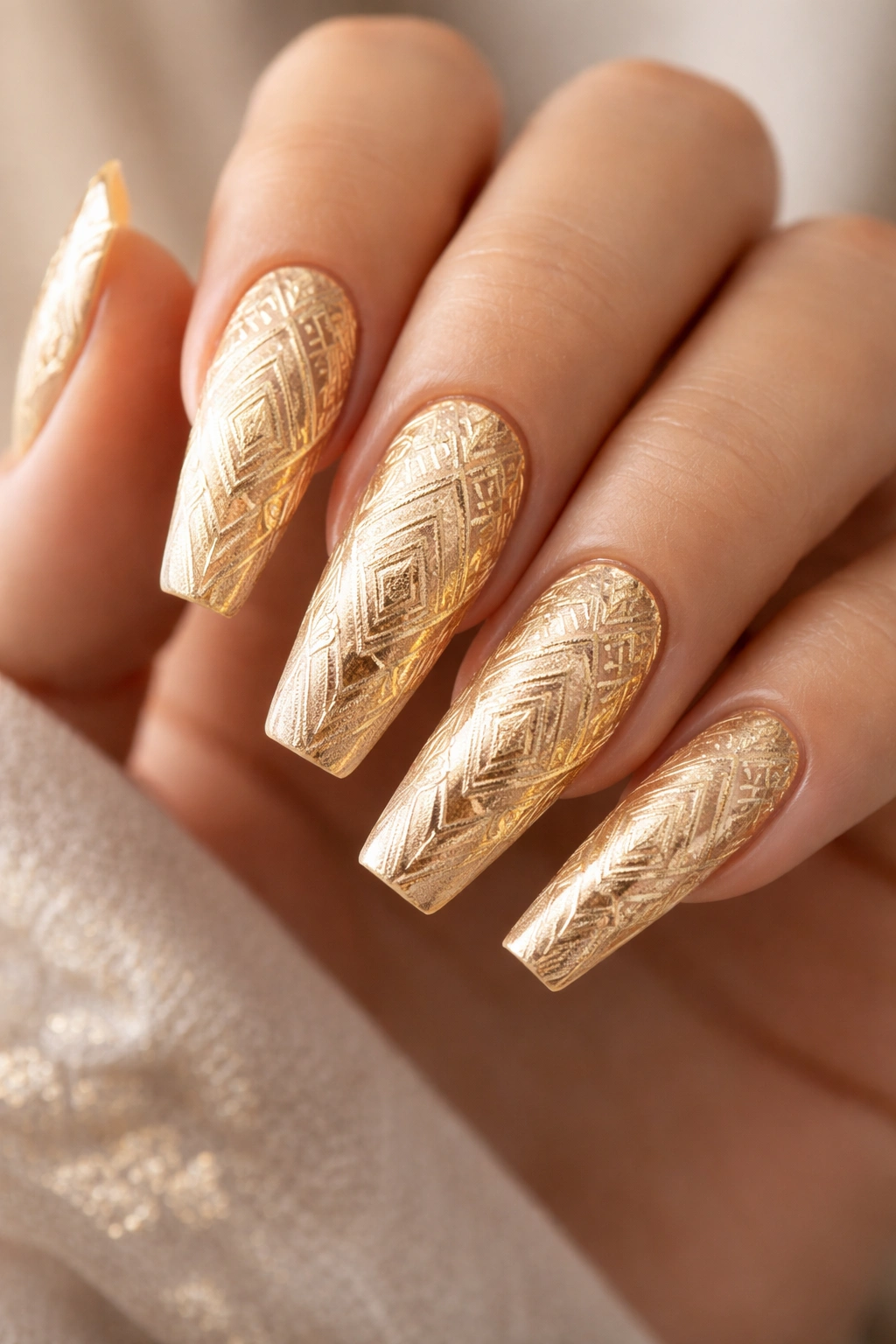 Close-up of coffin nails with gold geometric reverse stamping on nude base