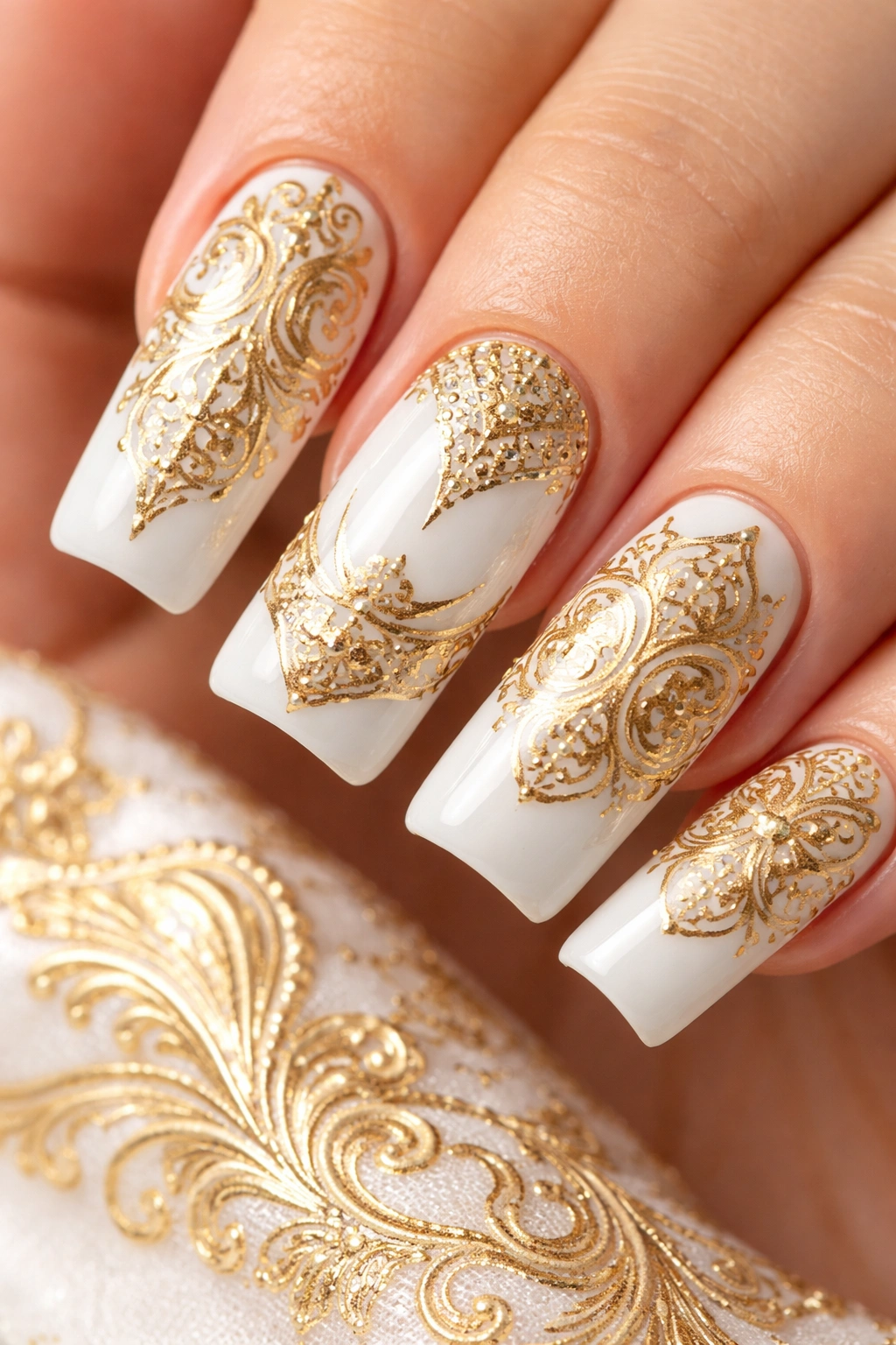 White nails with gold stamped patterns under studio lighting
