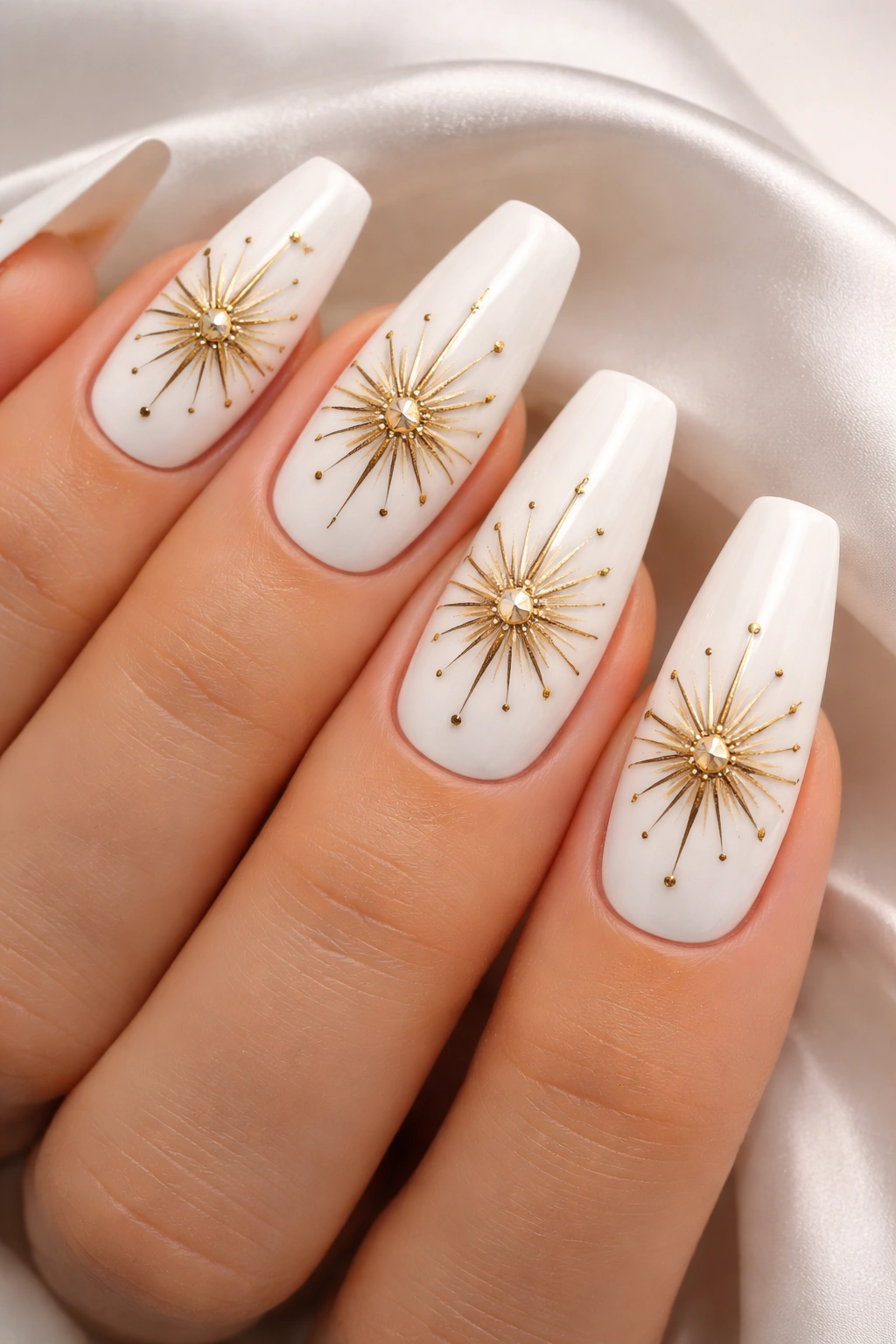Gold starburst design on white coffin nails