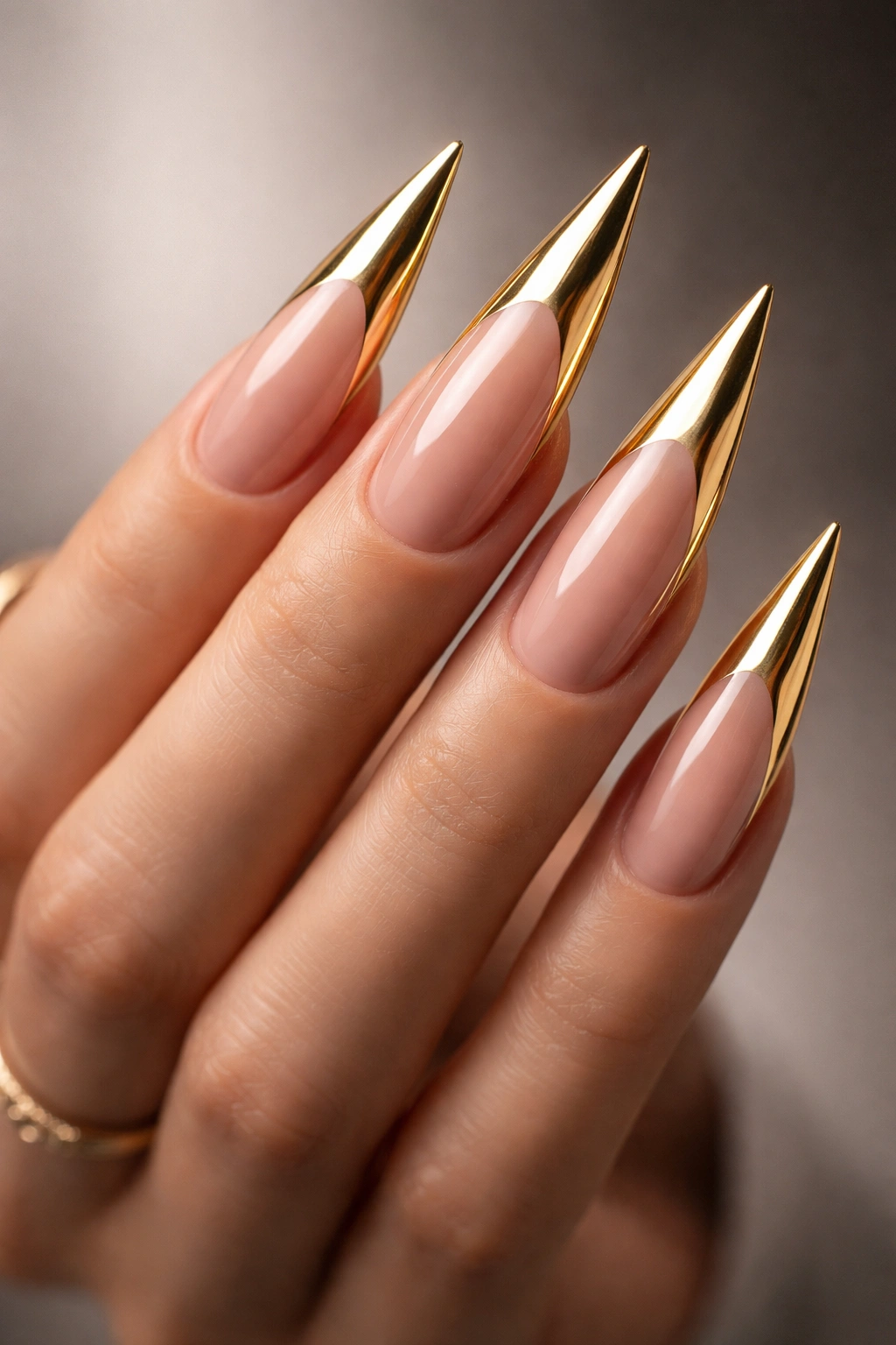 Close-up of gold stiletto nails with pointed tips and glossy French tips