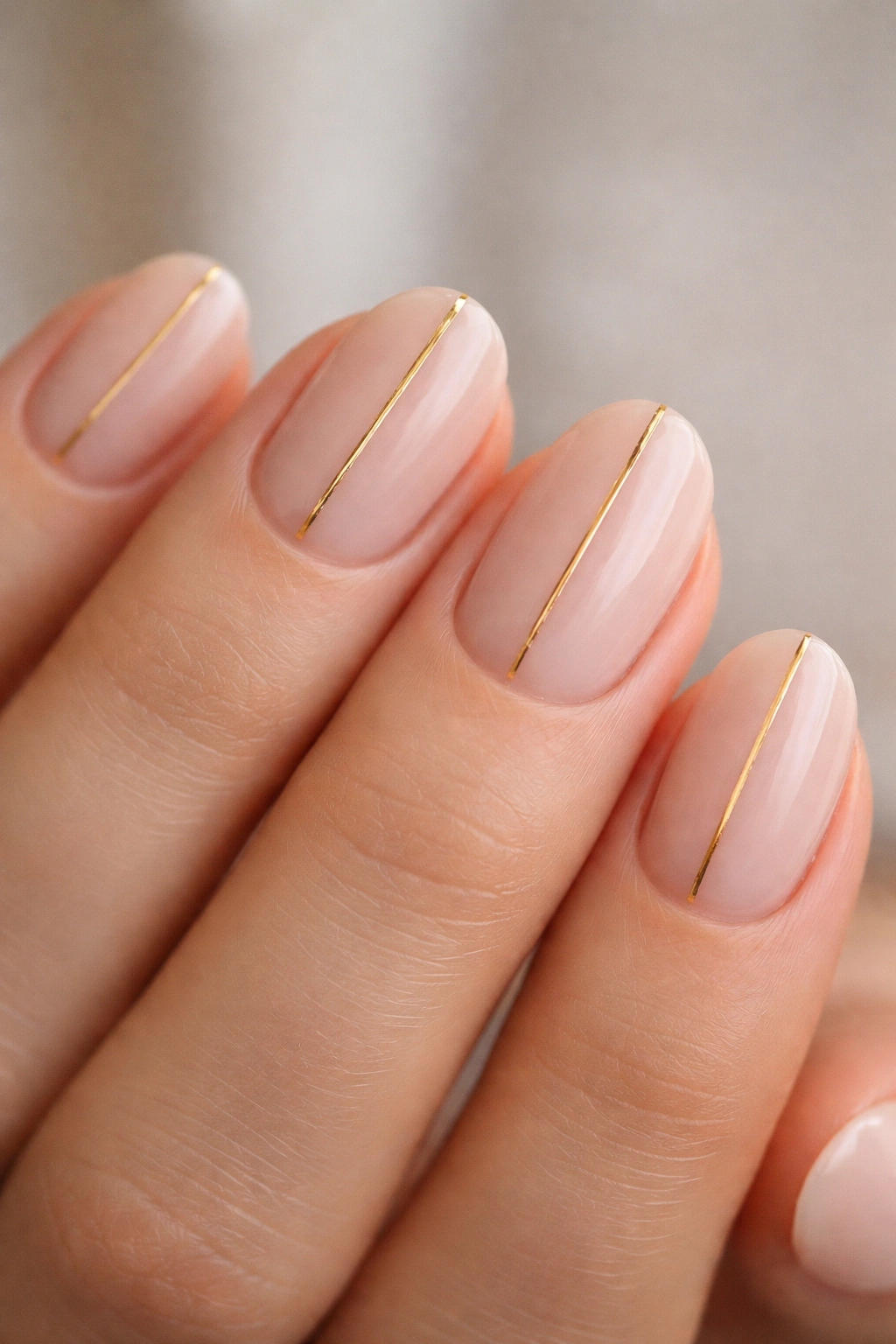 Close-up of short oval nails with a thin gold stripe detailing