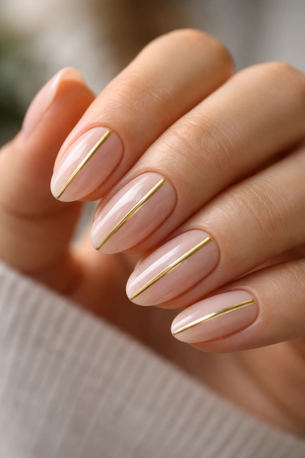 Short almond nails with a narrow vertical gold stripe on a nude base