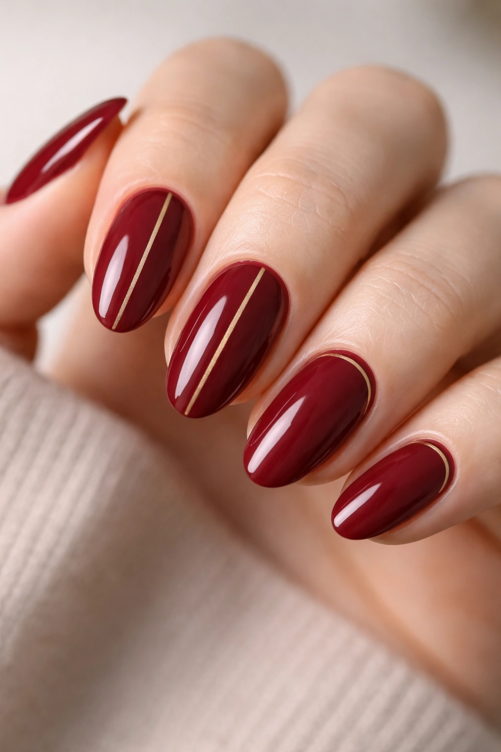 Close-up of short almond nails with a single thin gold stripe