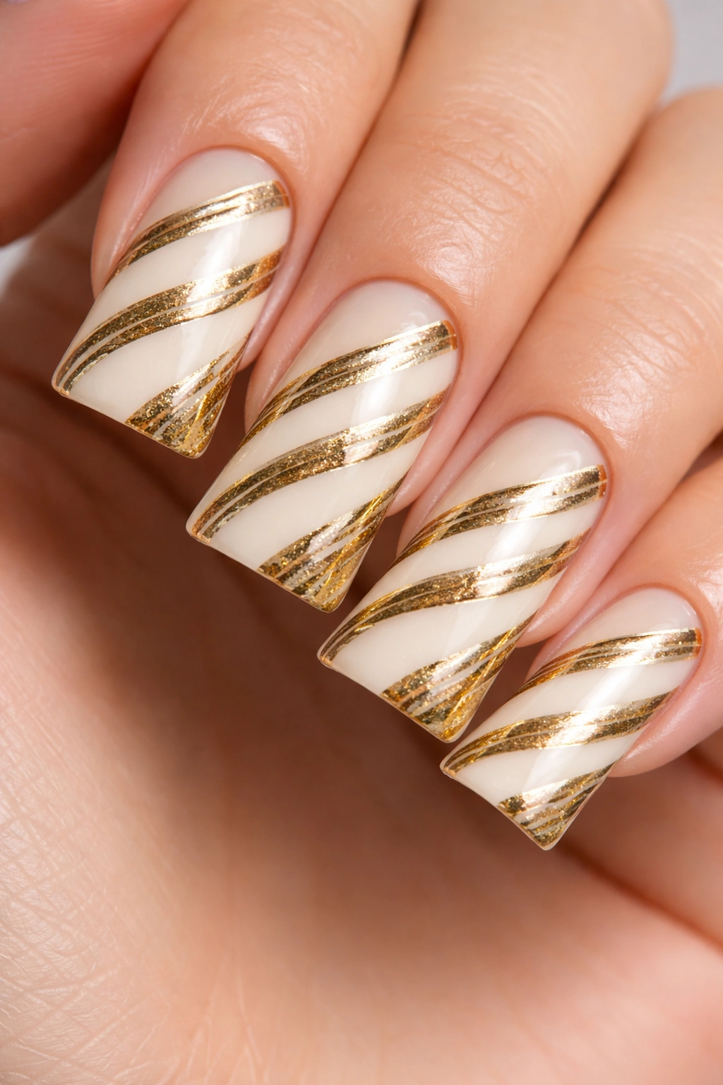 Close-up of gold striped candy cane duck nails