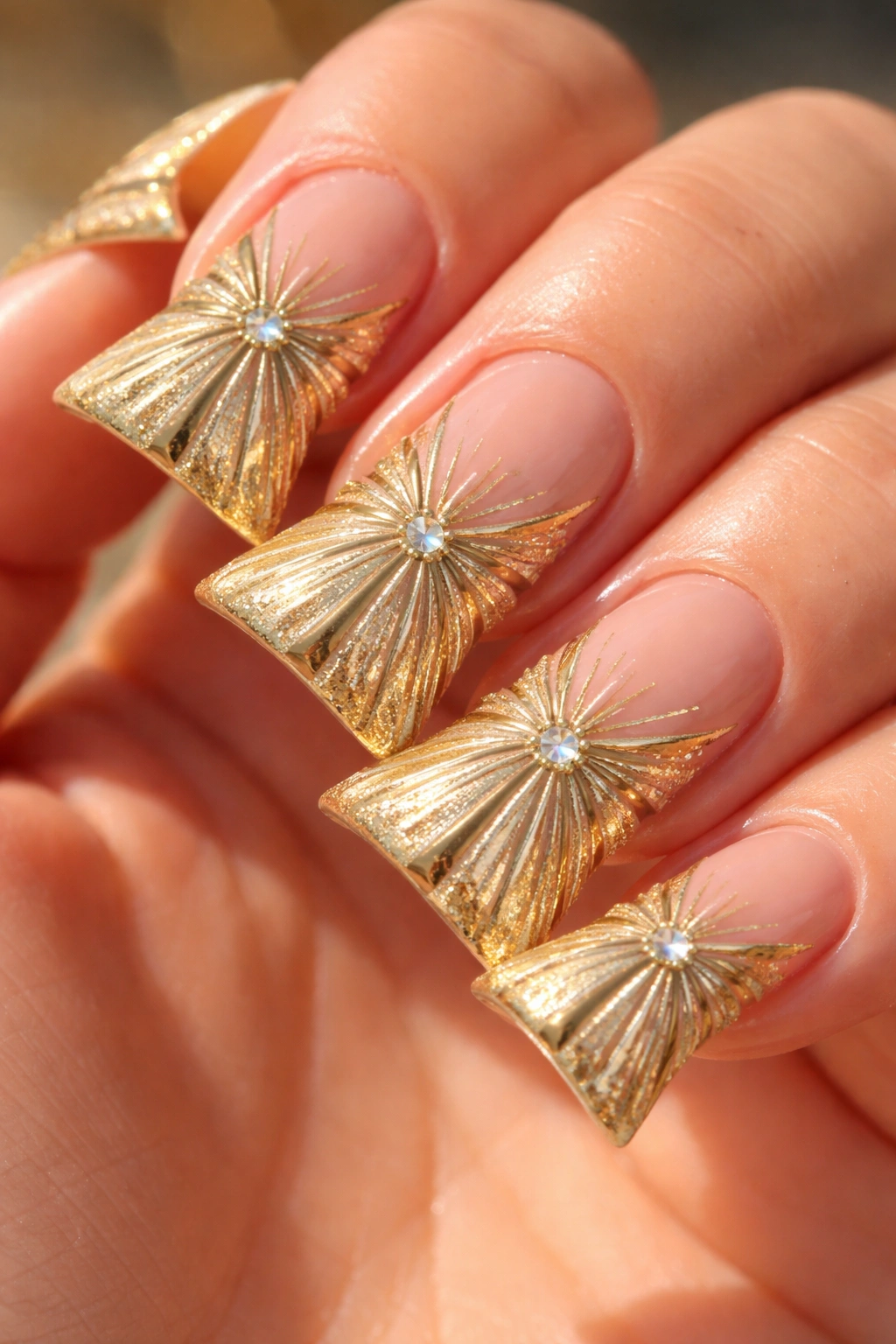 Close-up of gold sunburst on duck nails