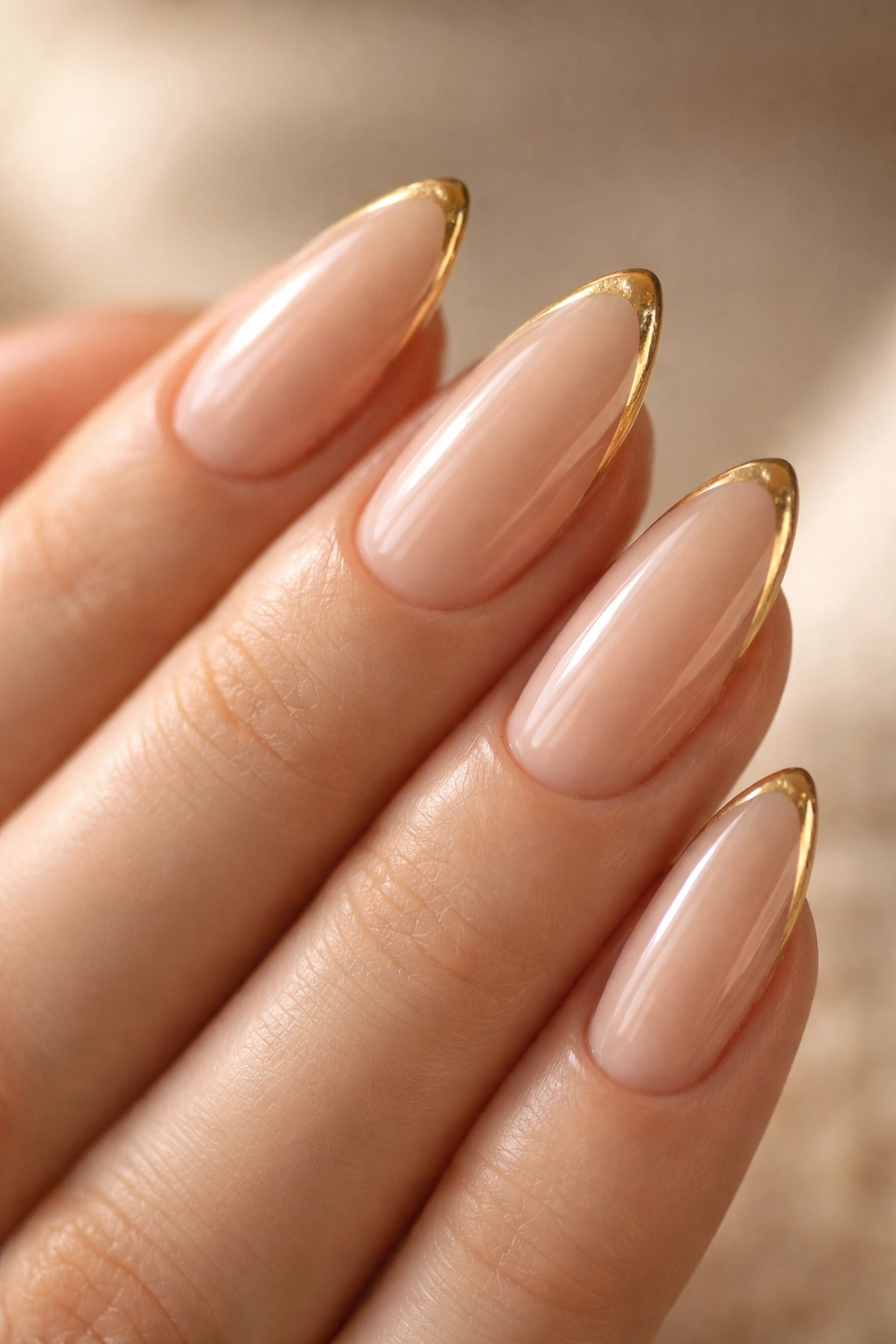 Close-up of almond nails with warm beige base and gold tips