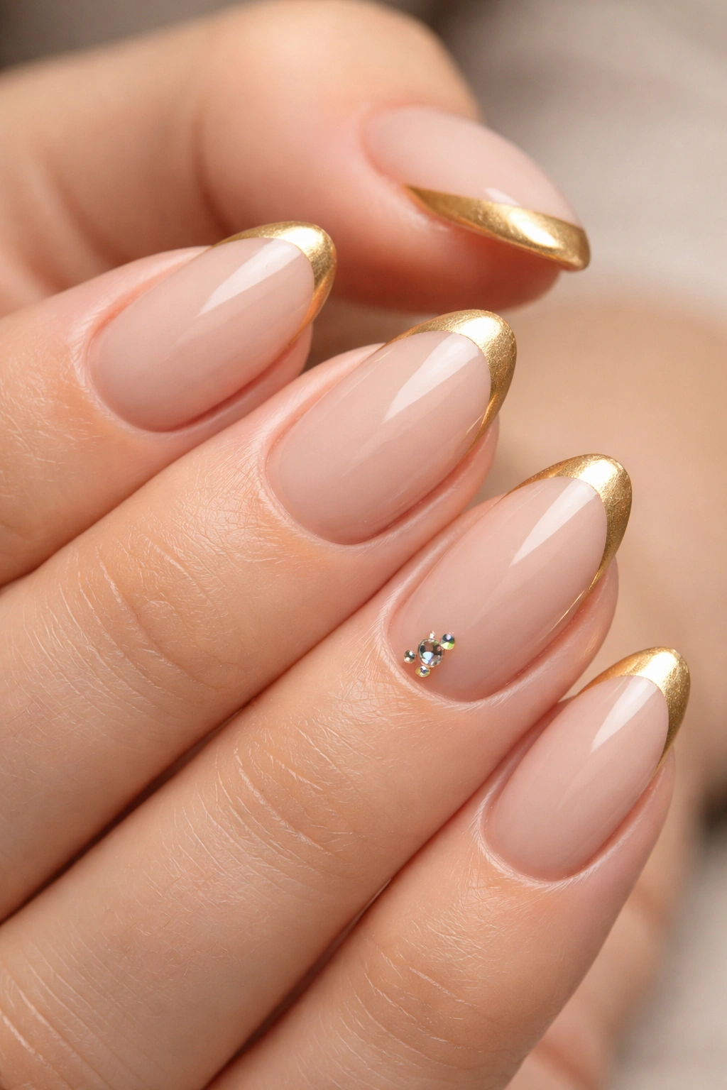 Nude base almond nails with gold tips and tiny rhinestones near the cuticle