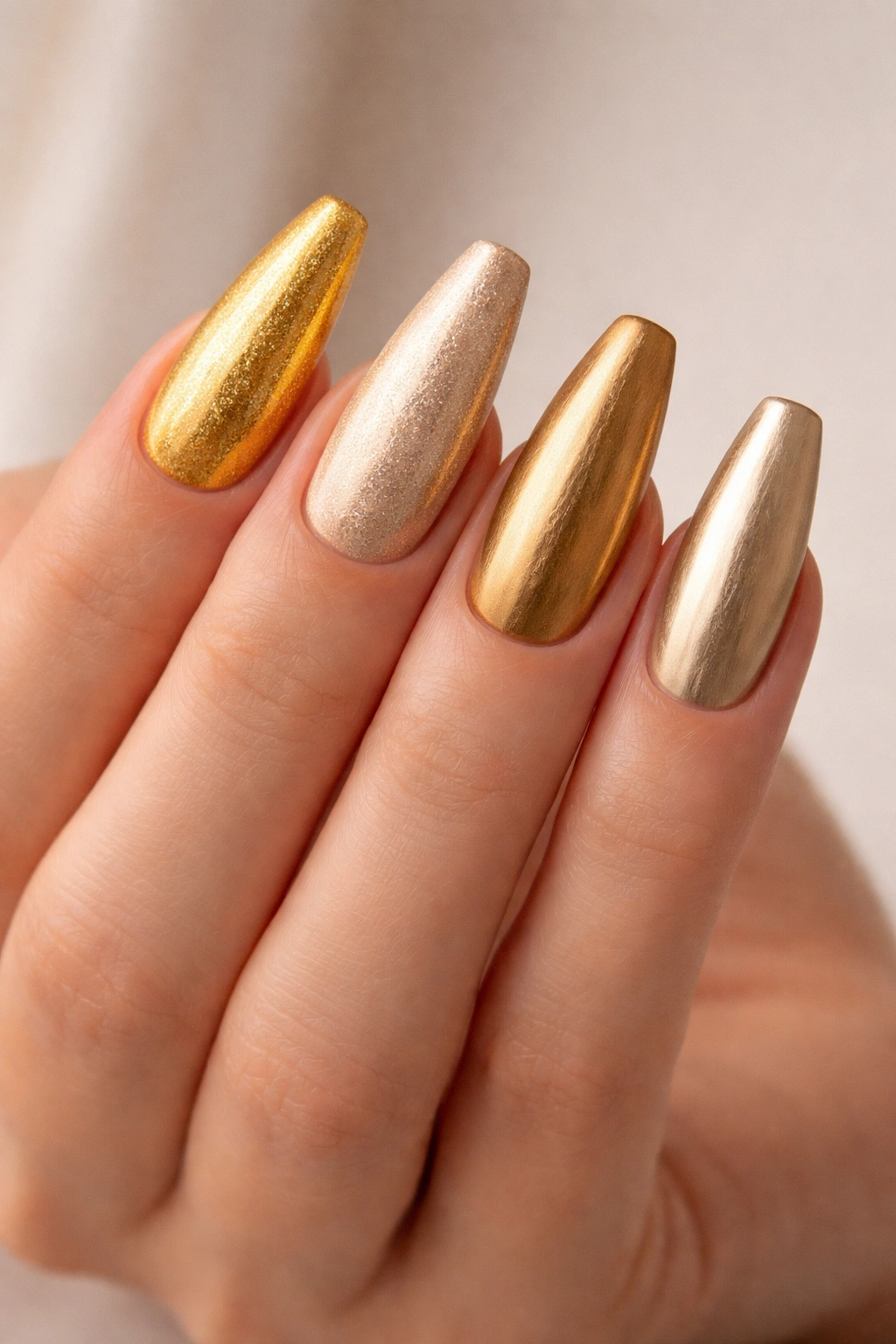 Hand with nails in four gold tones: yellow, champagne, antique, brushed.