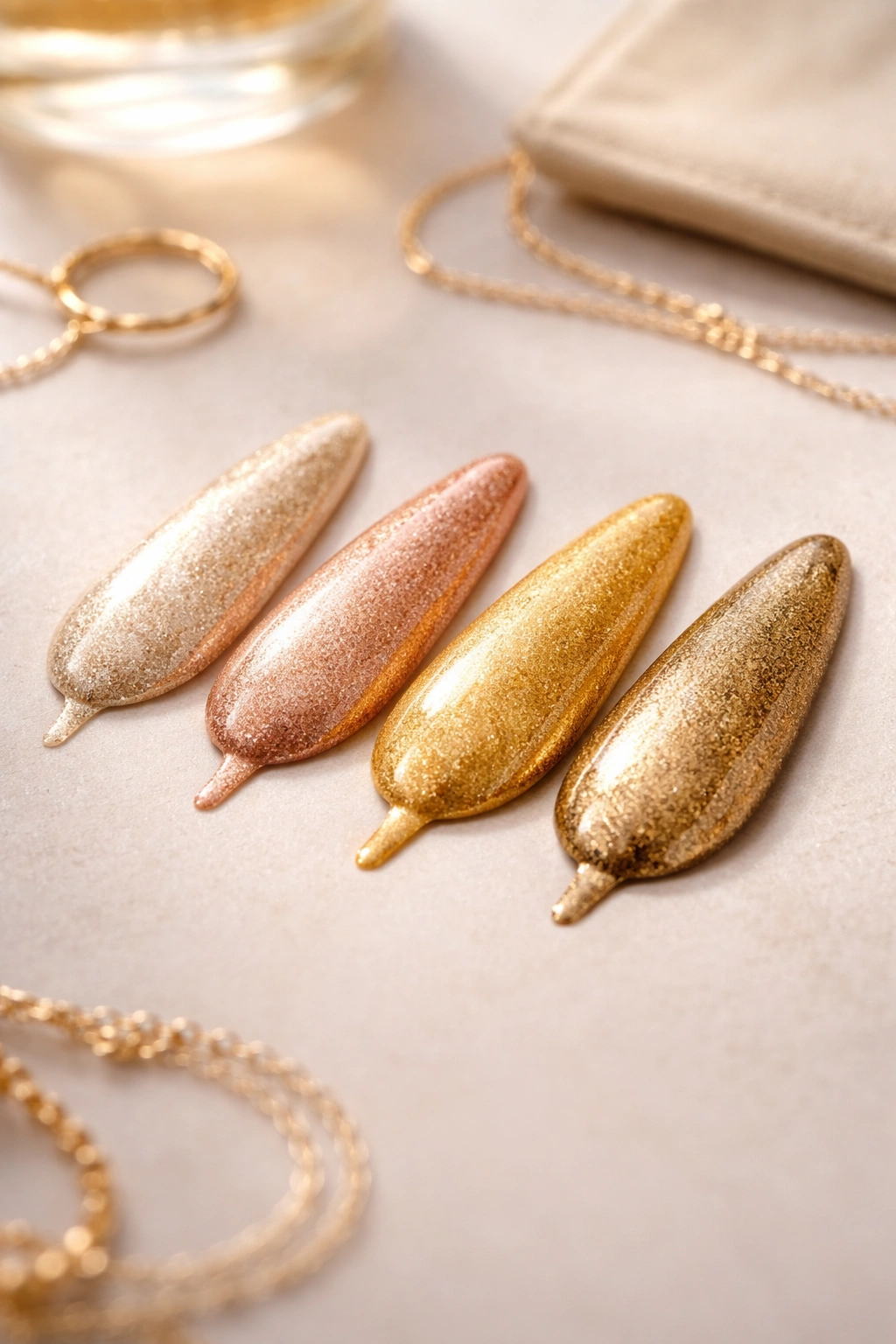 Color swatches showing champagne, rose, yellow, and antique gold tones