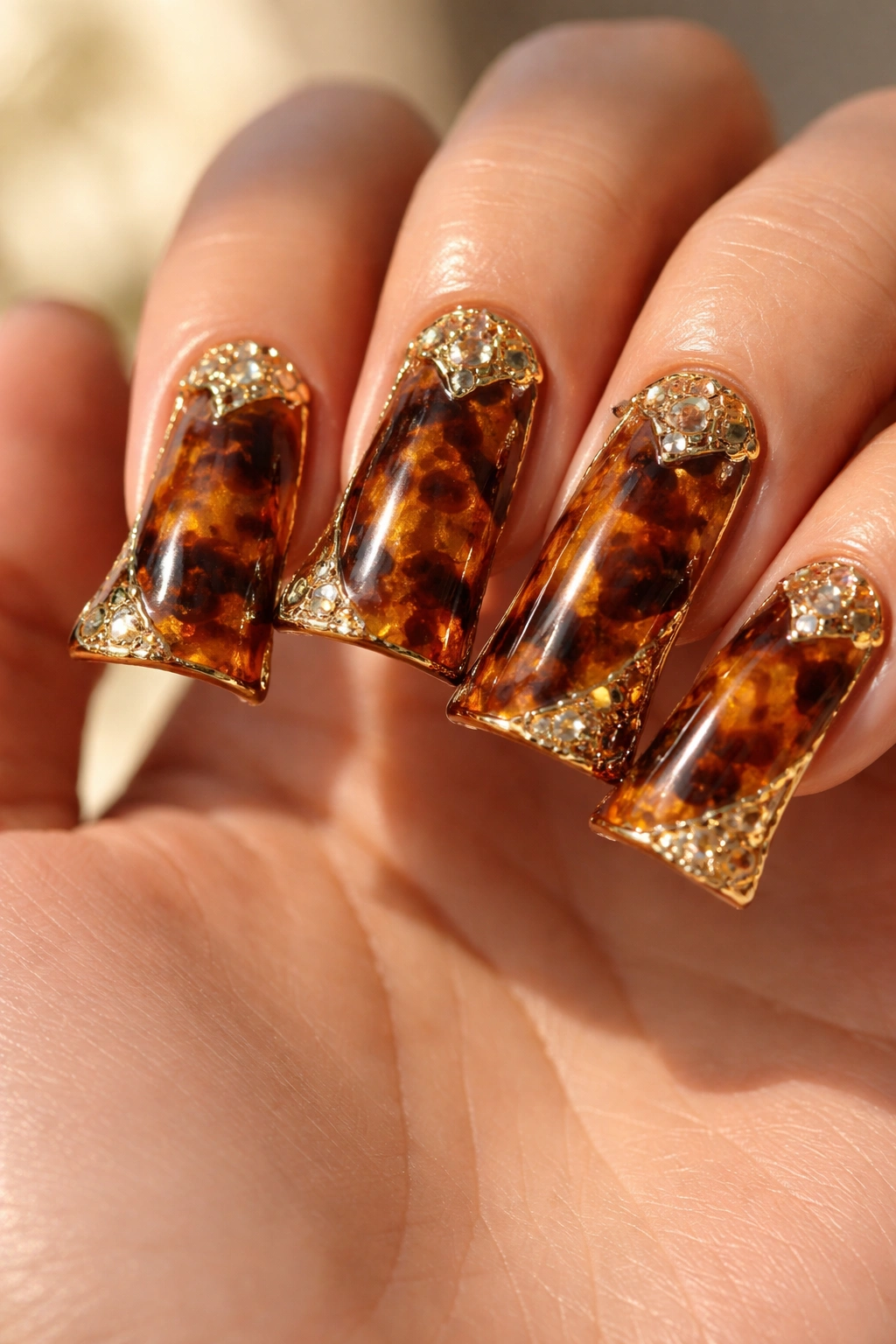 Close-up of gold tortoiseshell duck nails with warm tones