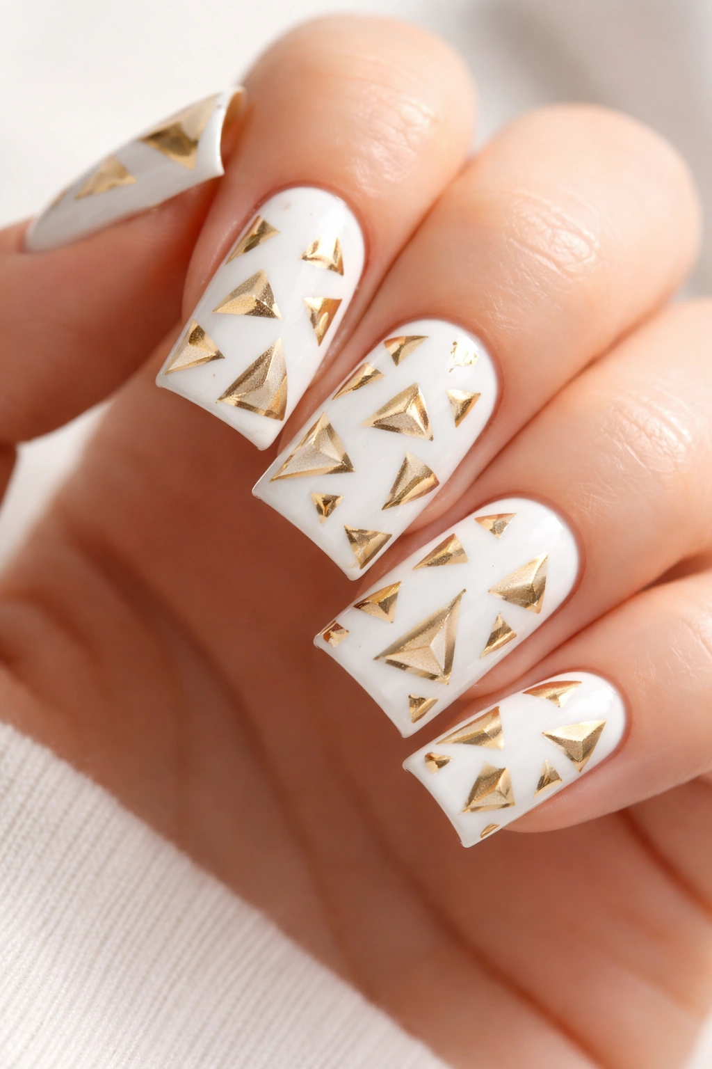 White nails with scattered gold triangles in various sizes
