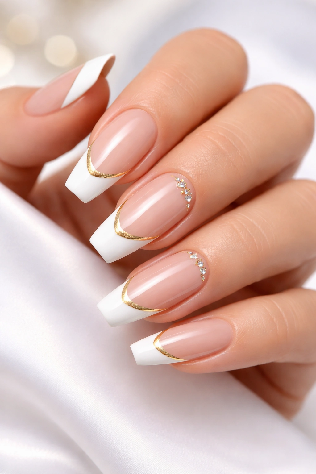 Nails with white tips and gold detailing on a hand