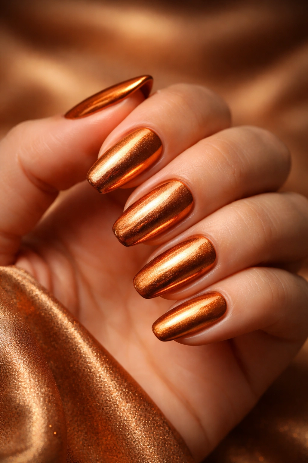 Close-up of golden copper metallic nails on a hand