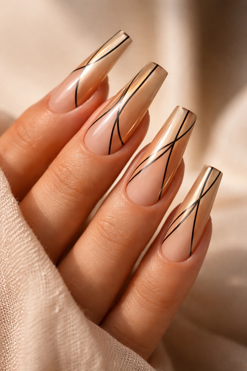 Close-up golden honey coffin nails with black lines