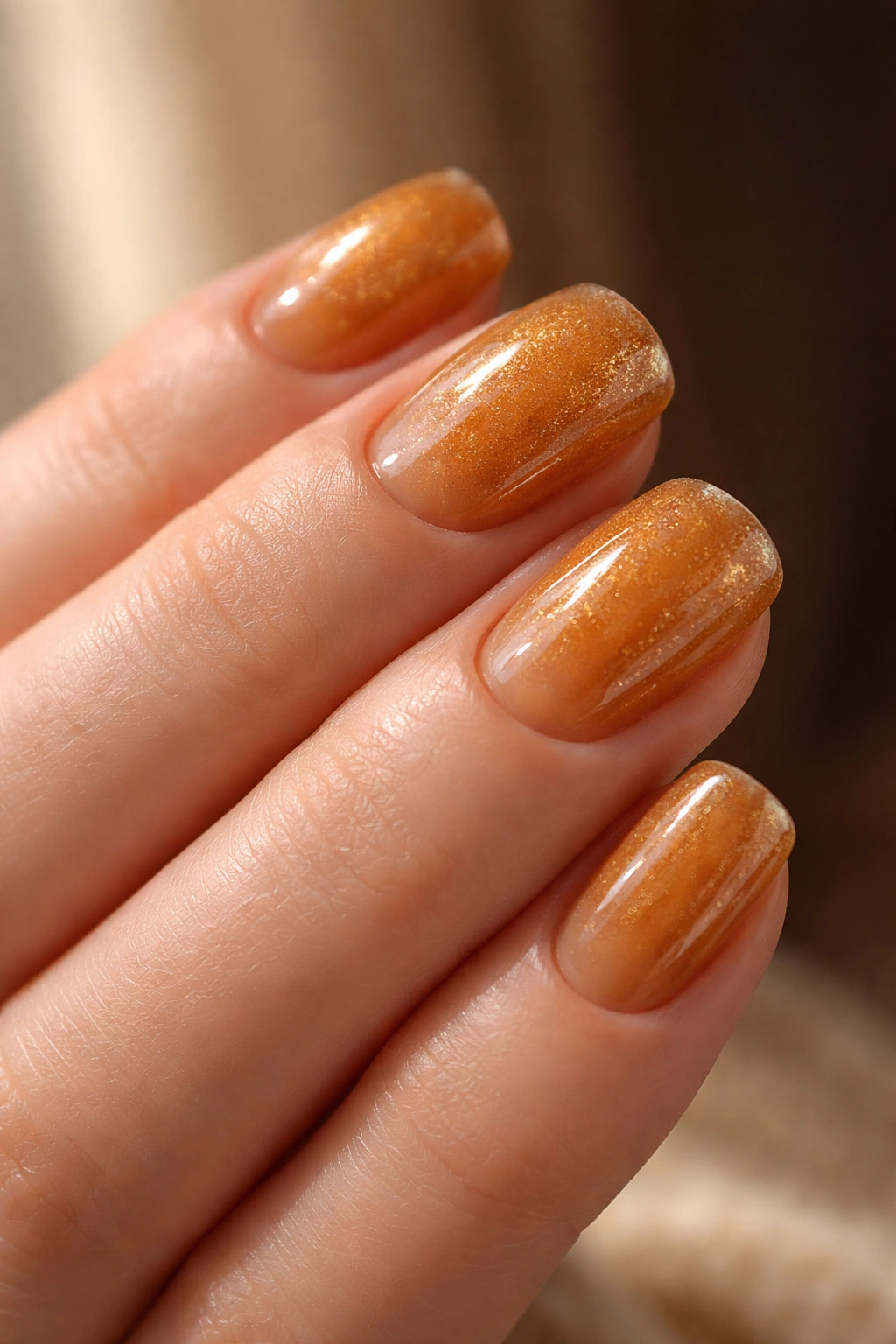 Close-up of short squoval nails in warm golden honey with depth