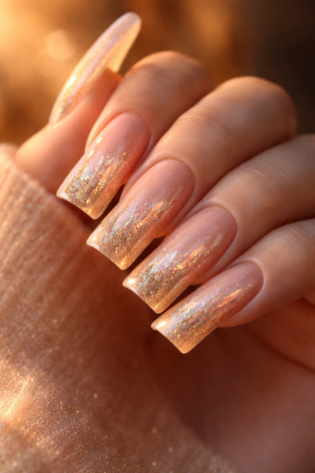 Peach to gold gradient on duck nails with champagne shimmer