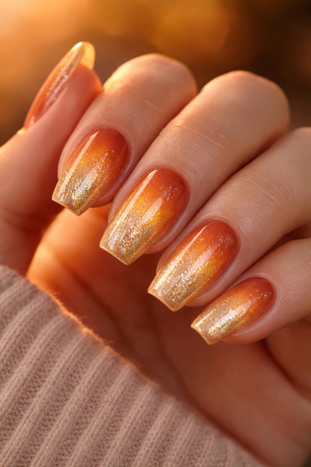 Nails with amber to gold gradient and shimmer