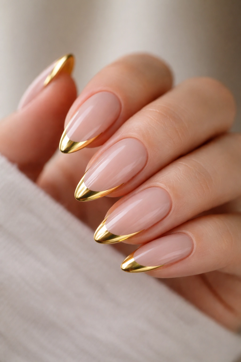 Almond nails with negative space and gold tip close-up