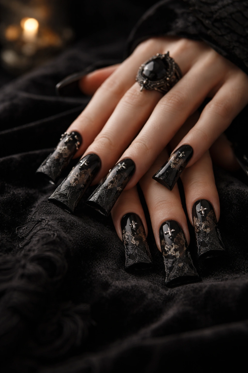 Gothic duck nails in a moody studio setup with lace accents