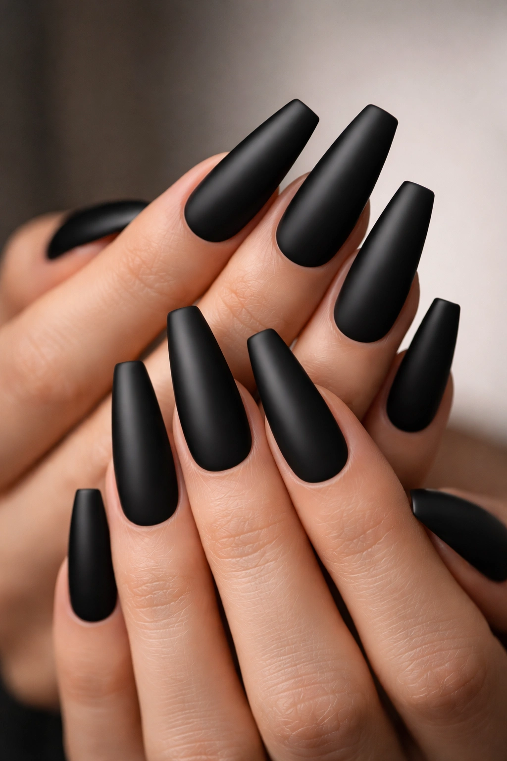 Close-up of goth ballerina nails with a clean tapered silhouette in matte black