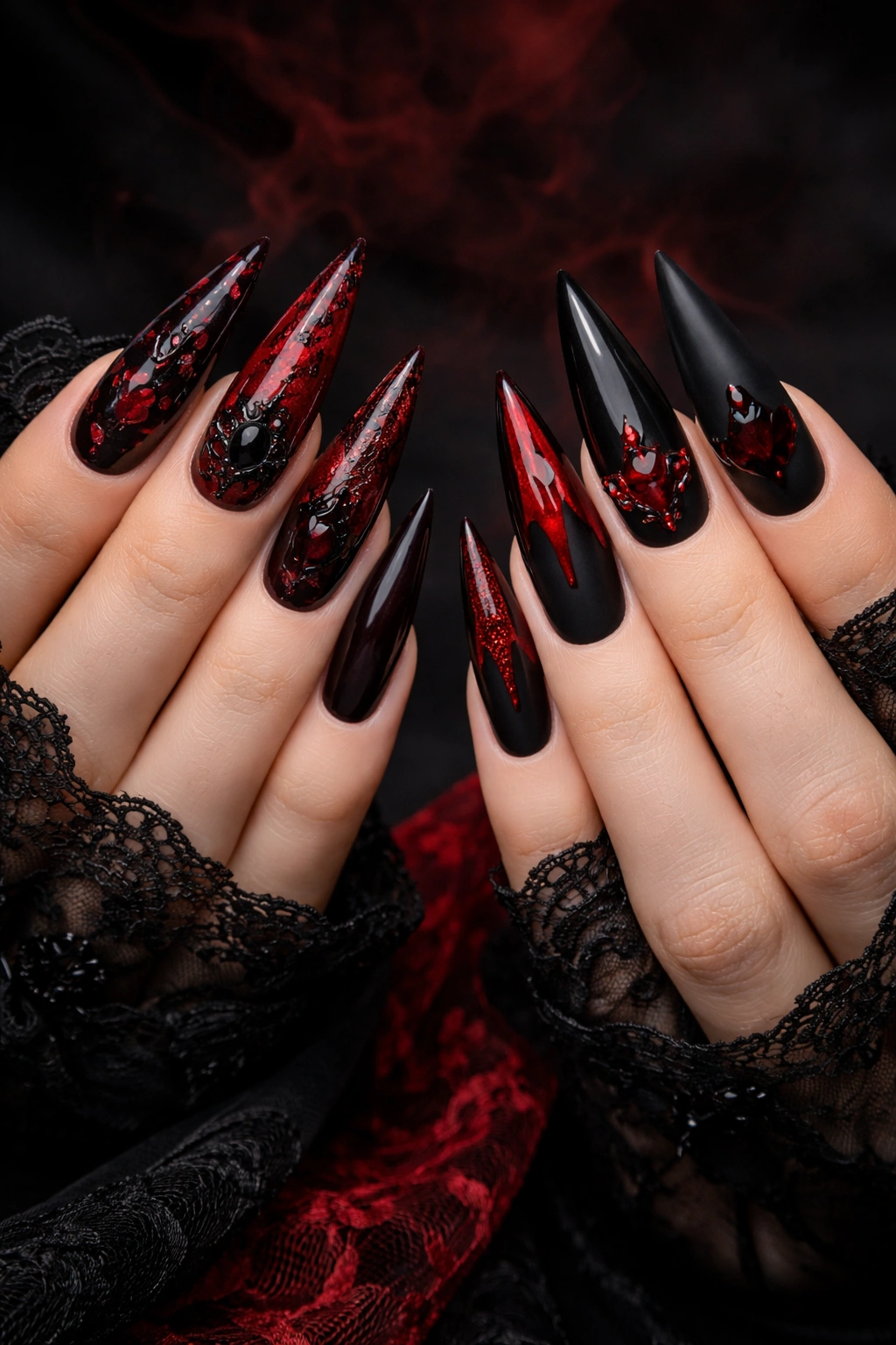 Long gothic nails in red and black with lace and cross motifs.