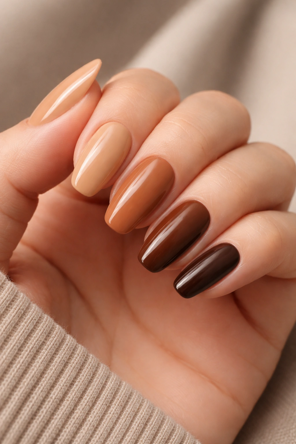 Close-up of a hand showing nails in a brown gradient from light to dark
