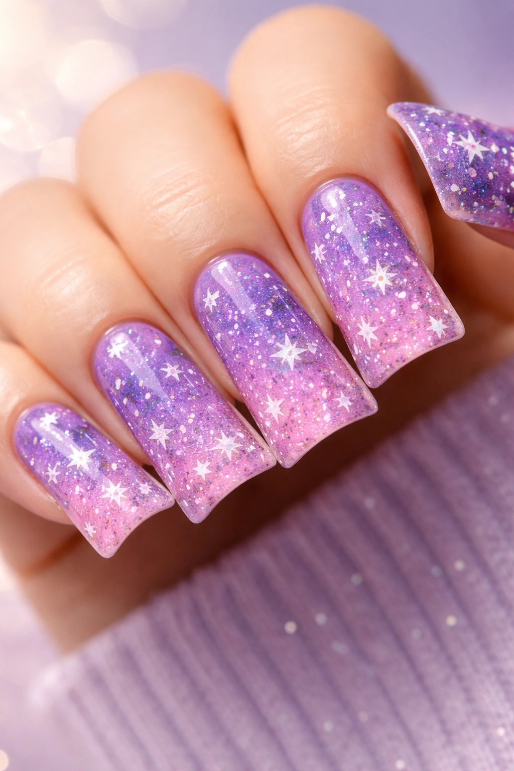 Close-up of duck nails with purple-to-pink gradient and star accents