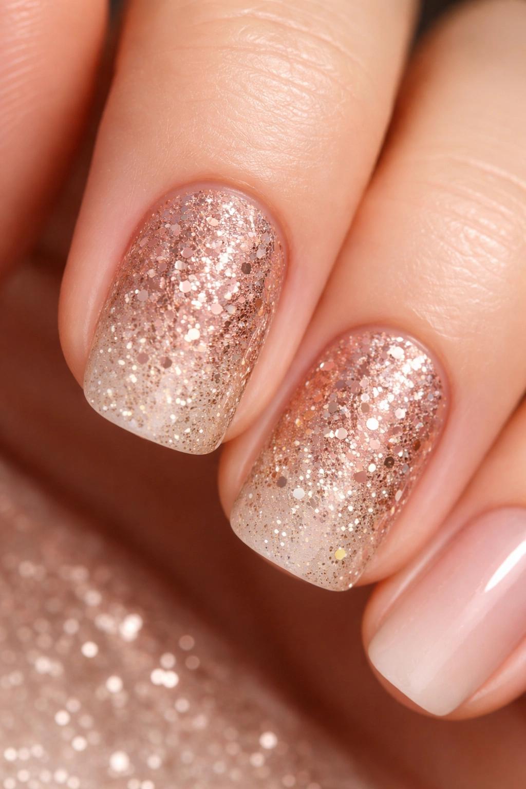 Close-up of a hand showing an accent nail with a warm metallic gradient and mixed glitter