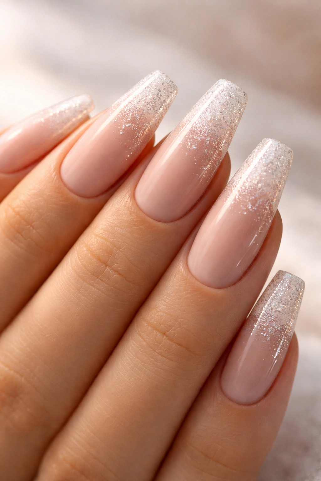 Nude to white gradient on curved coffin nails with embedded glitter