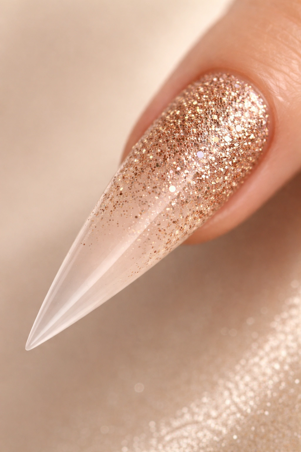 Stiletto nail with glitter gradient fading to a clear tip