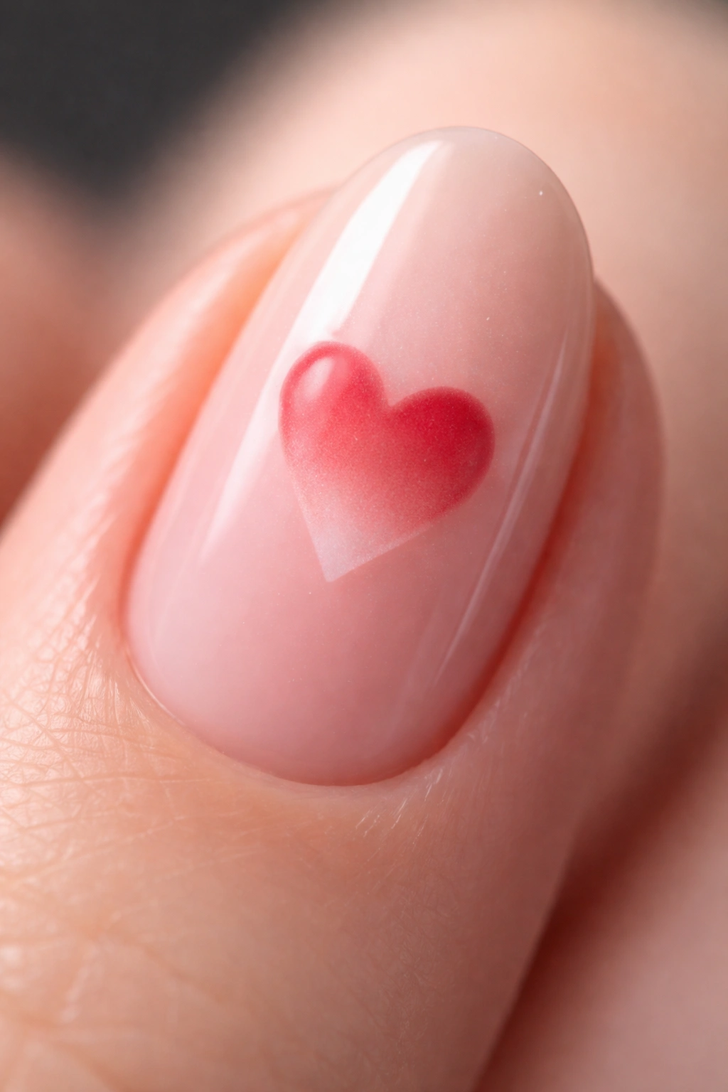 Close-up of a nail with a gradient-filled heart fading from red to pink on a neutral base