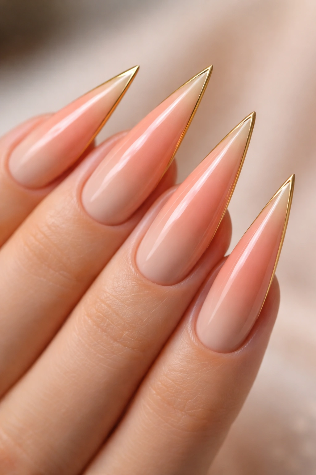 Stiletto nails with peach-to-nude gradient and gold edge liner.