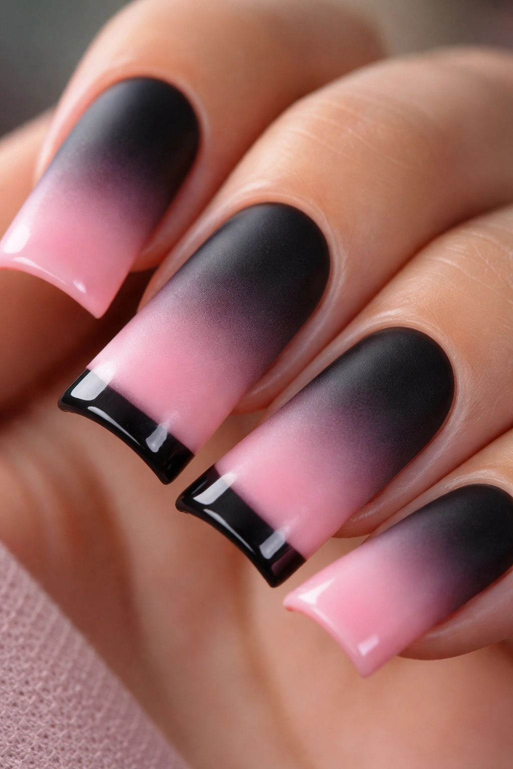 Duck nail with black to pink gradient and contrasting solid tip.