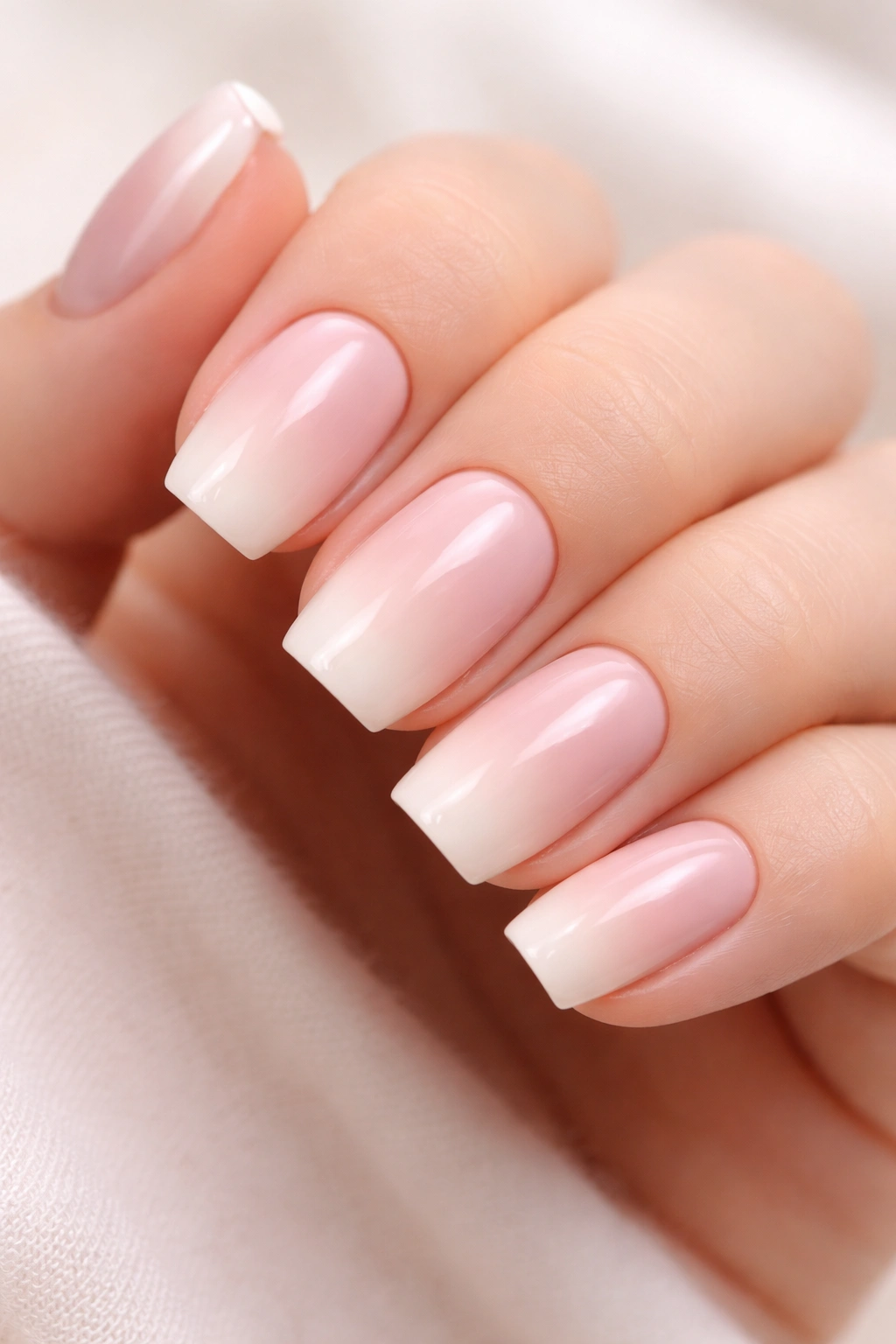Close-up of short squoval nails with blush and cream gradient