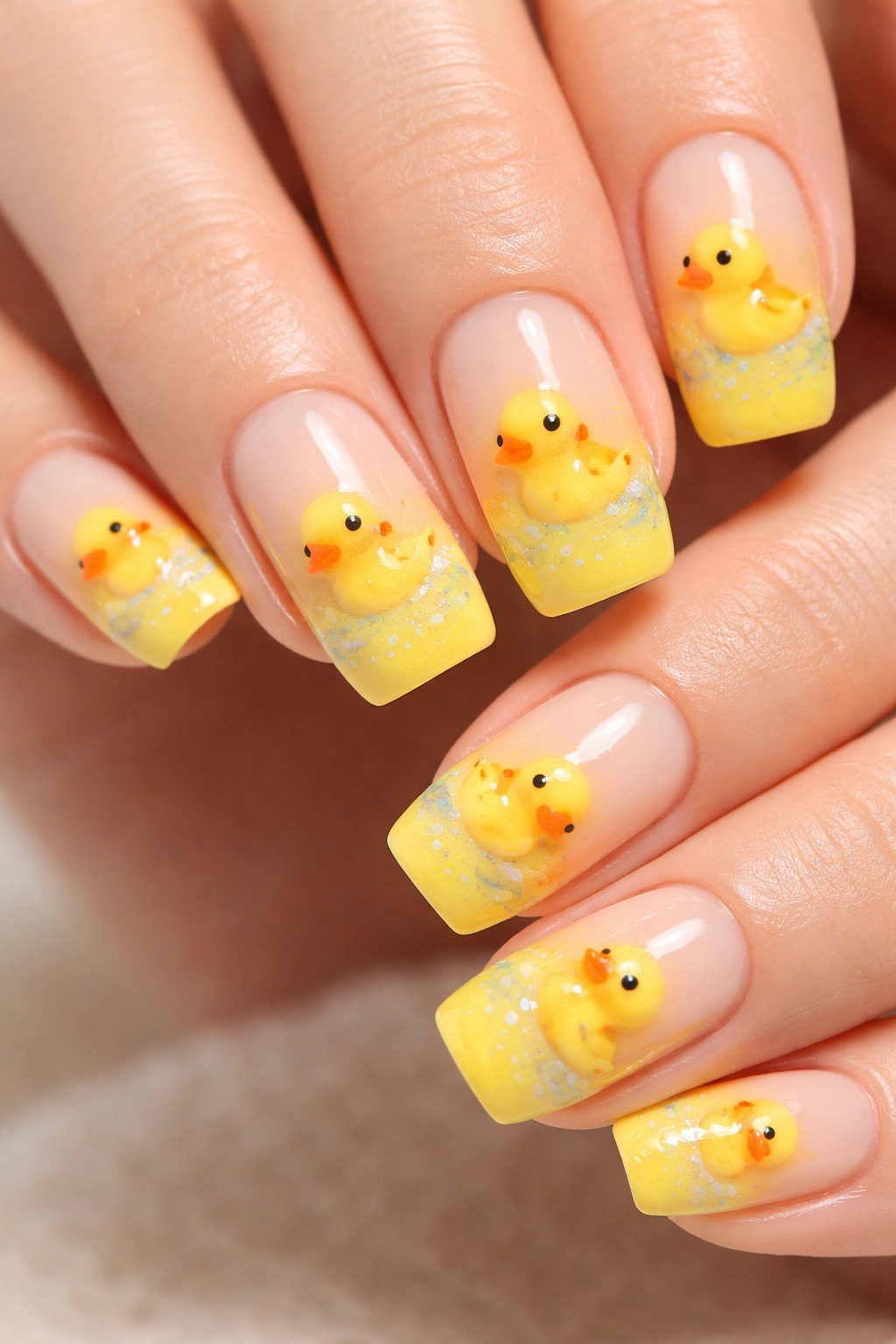Gradient yellow nails with hand-painted duck motifs