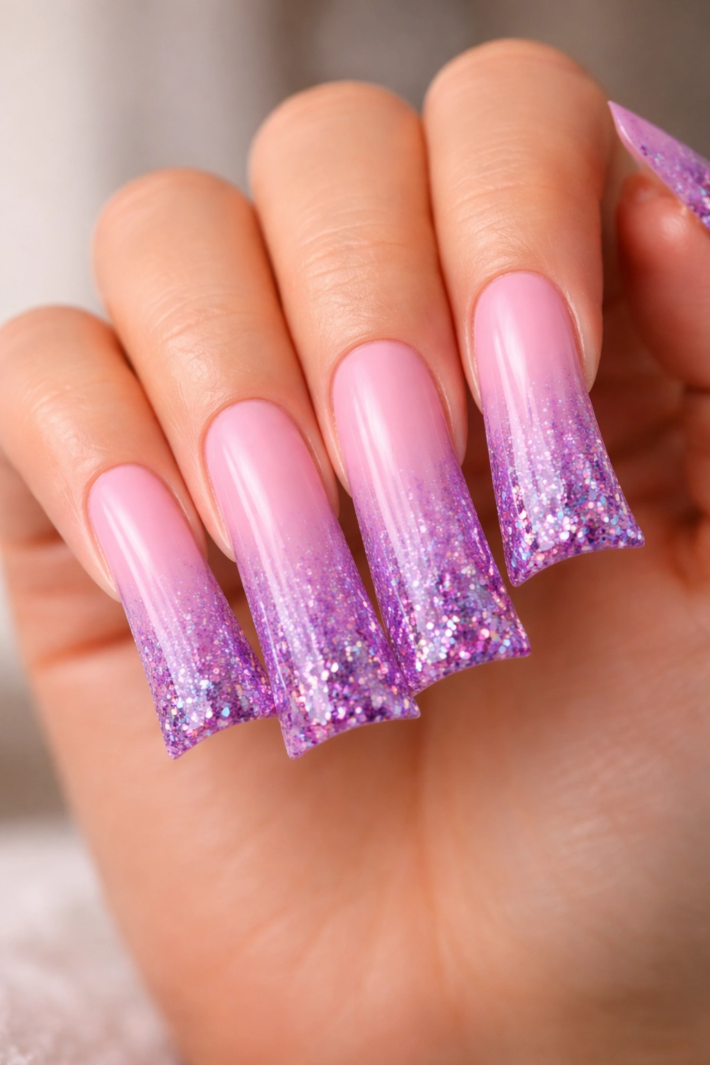 Close-up of extra-long duck nails with pink-to-purple gradient and glitter tips