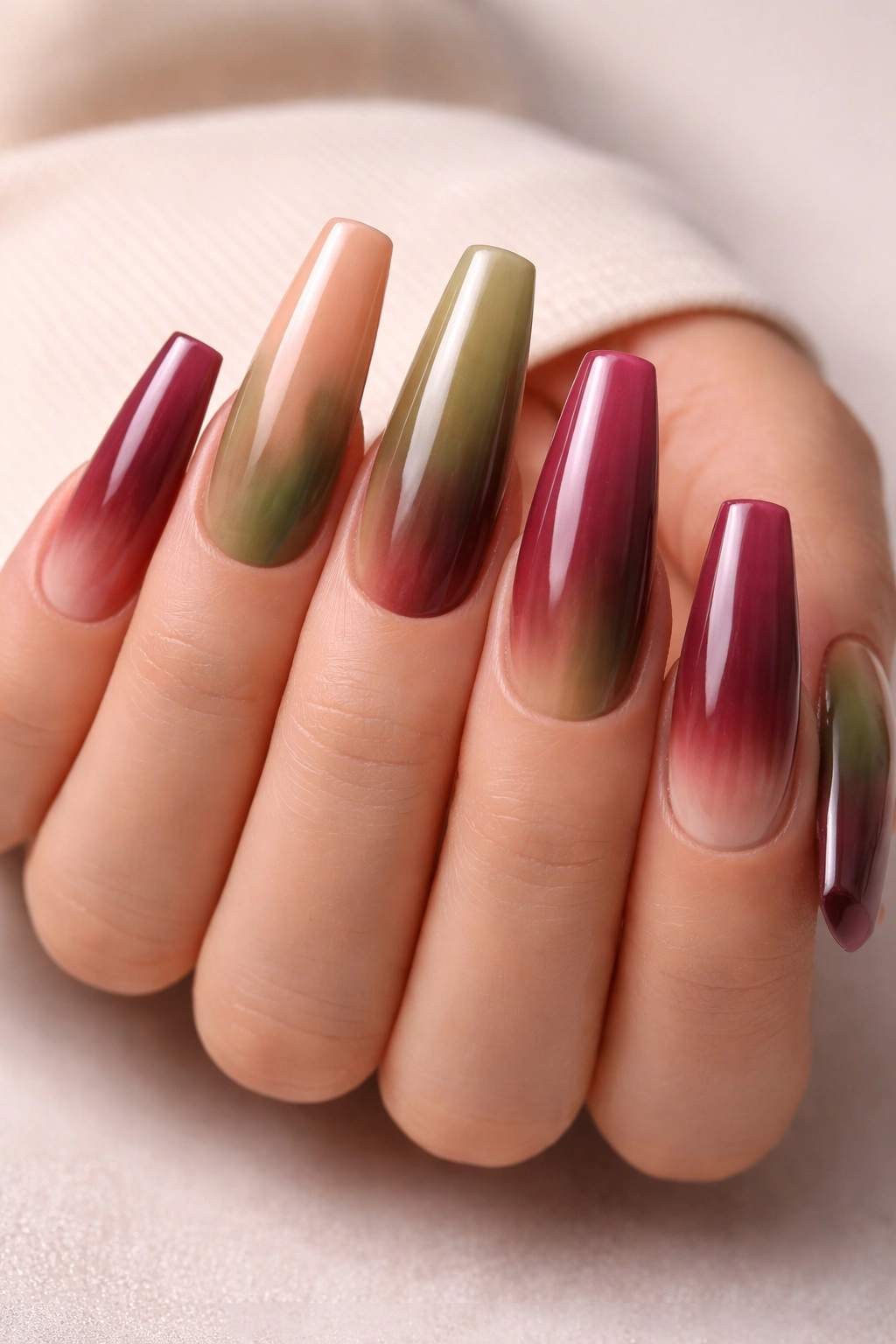 Close-up of long acrylic nails with a tan-green-burgundy gradient across the hand