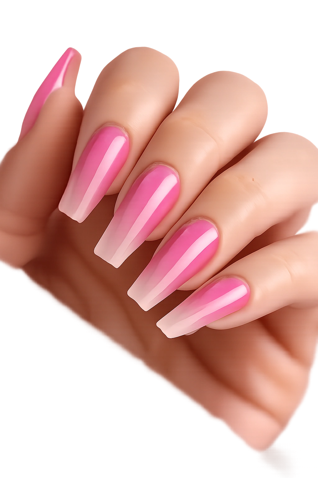 Close-up of coffin nail with sheer pink-to-nude gradient showing skin through translucent polish