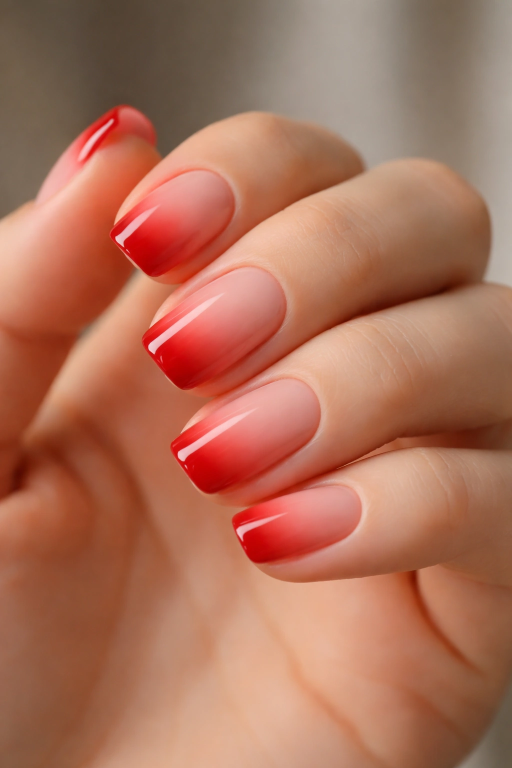 Nude to red gradient on short squoval nails