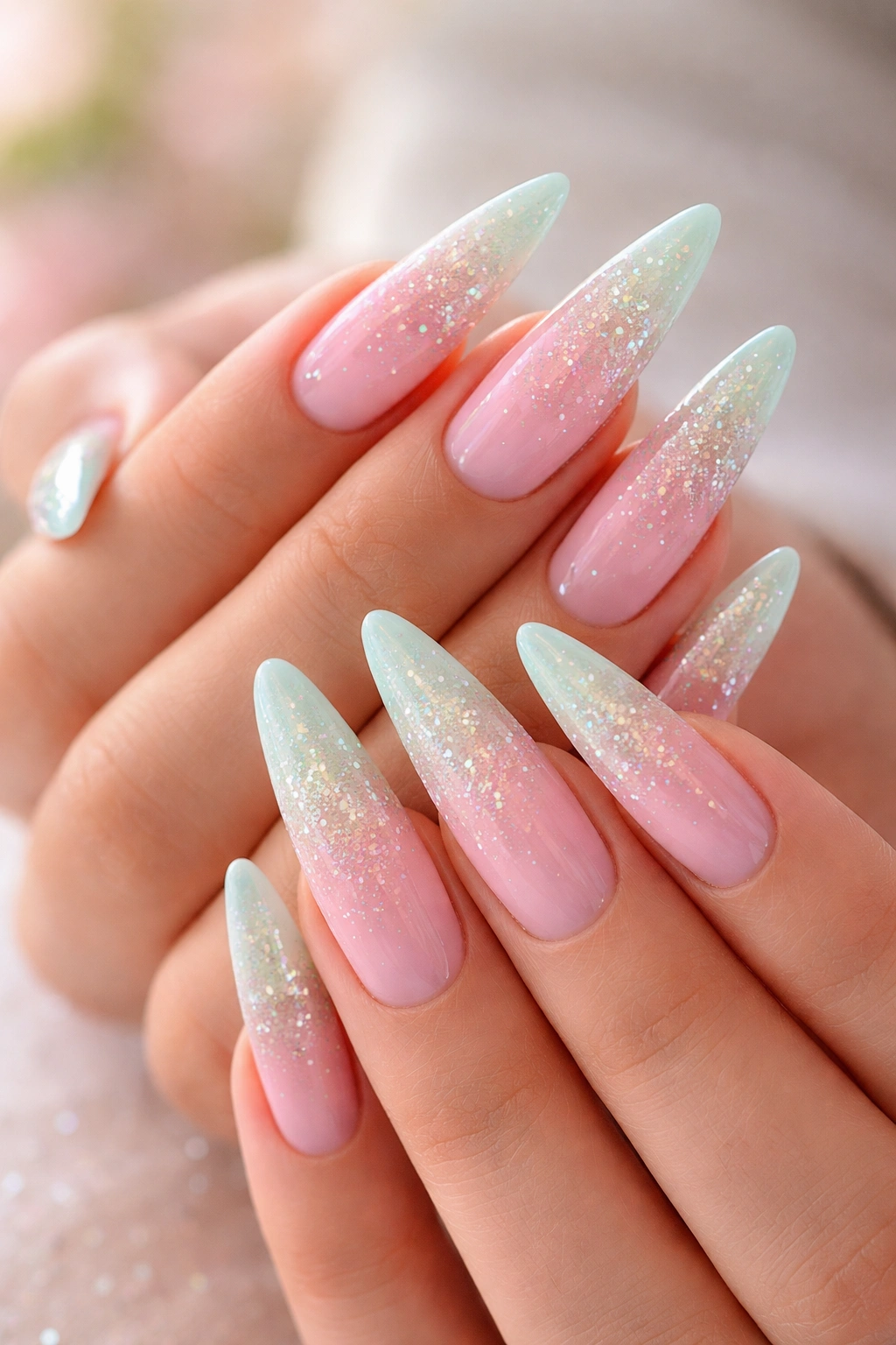 Stiletto nails pastel pink to pale green gradient with glitter fade