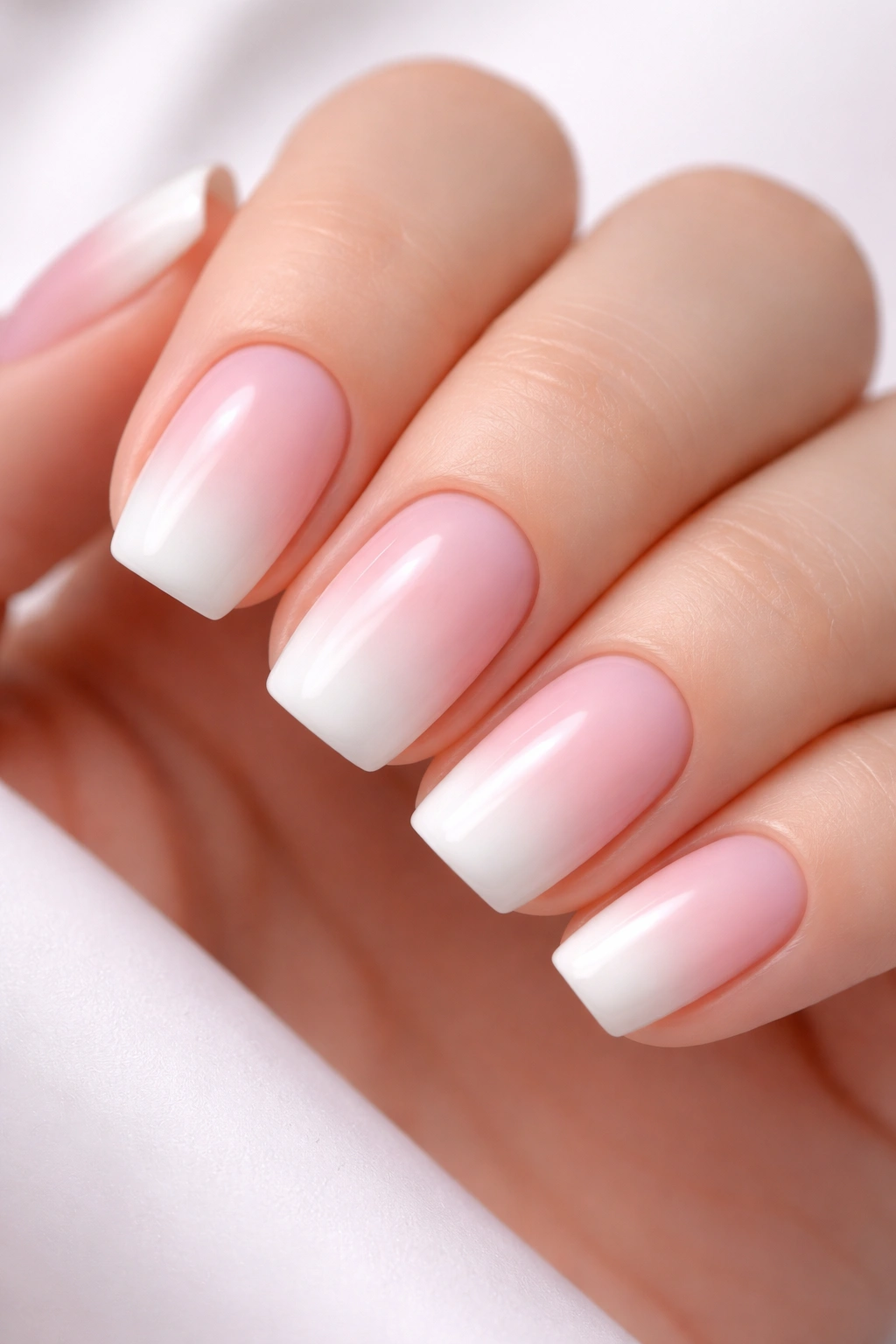 Nails with pink base and white gradient tips