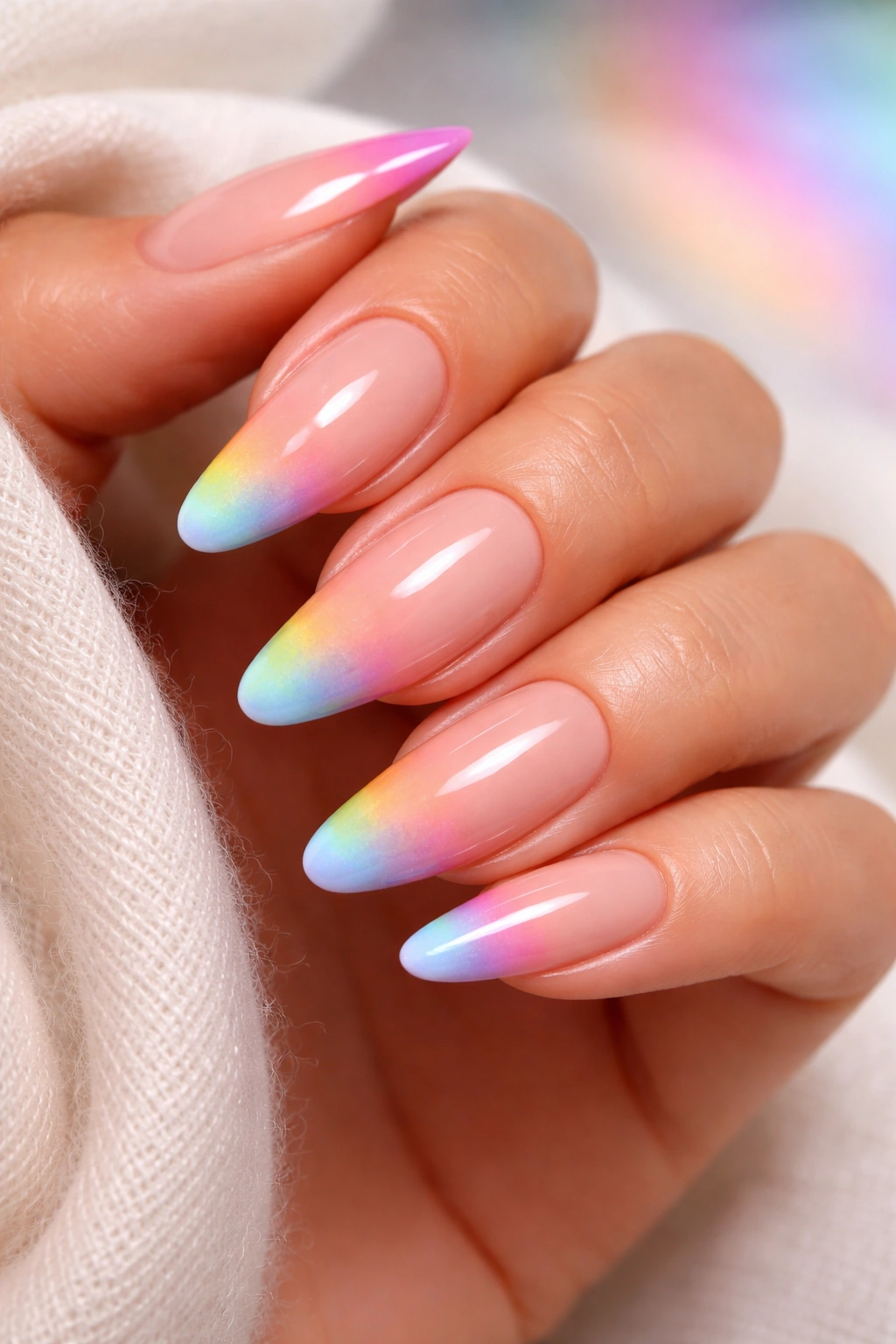 Close-up of nails with seamless gradient transitions and rainbow tips