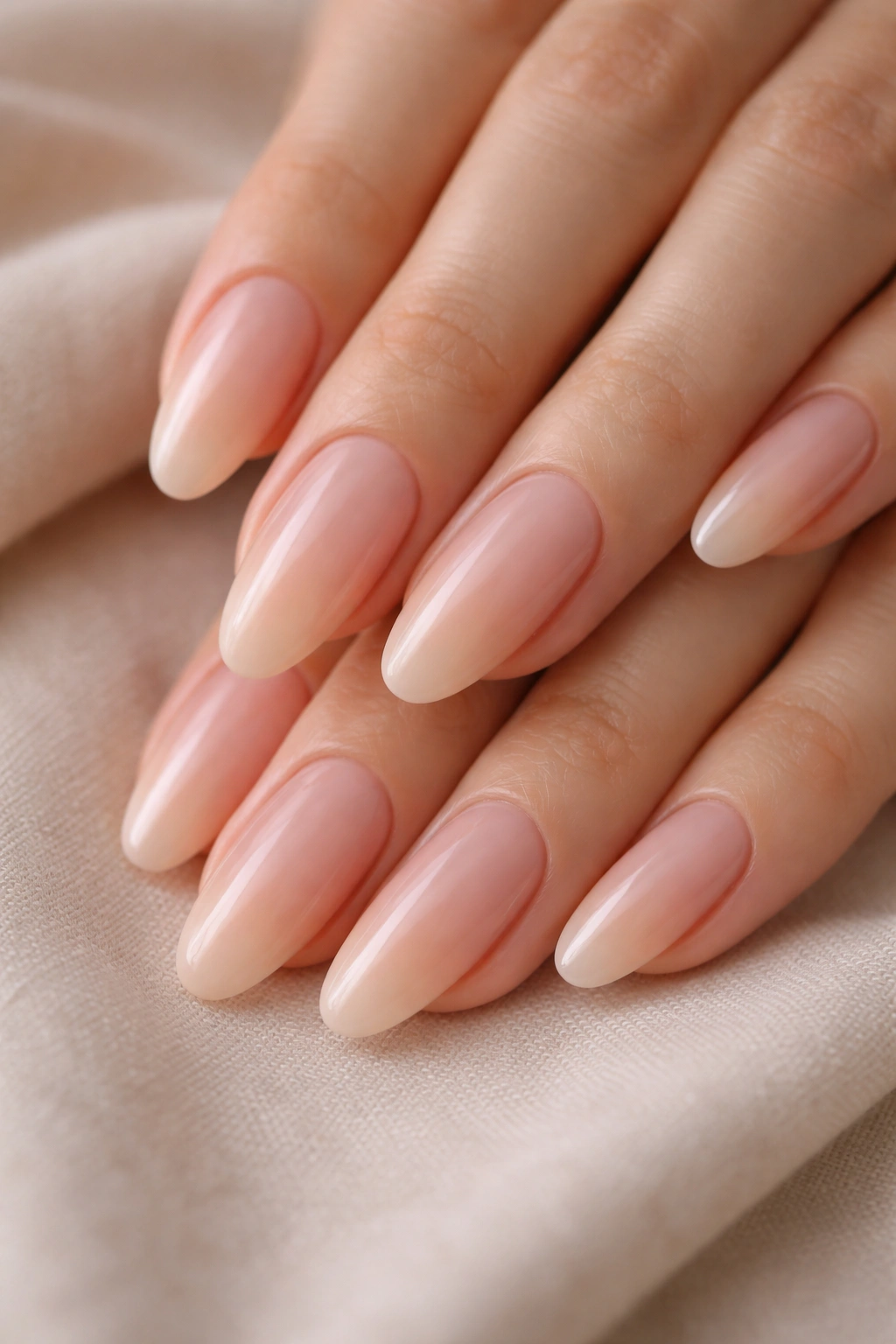 Long oval nails with subtle gradient nude across nails
