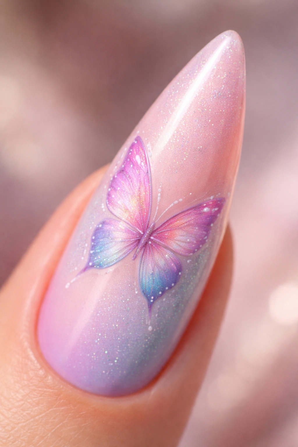 Close-up of gradient ombre butterfly with shimmer on a stiletto nail
