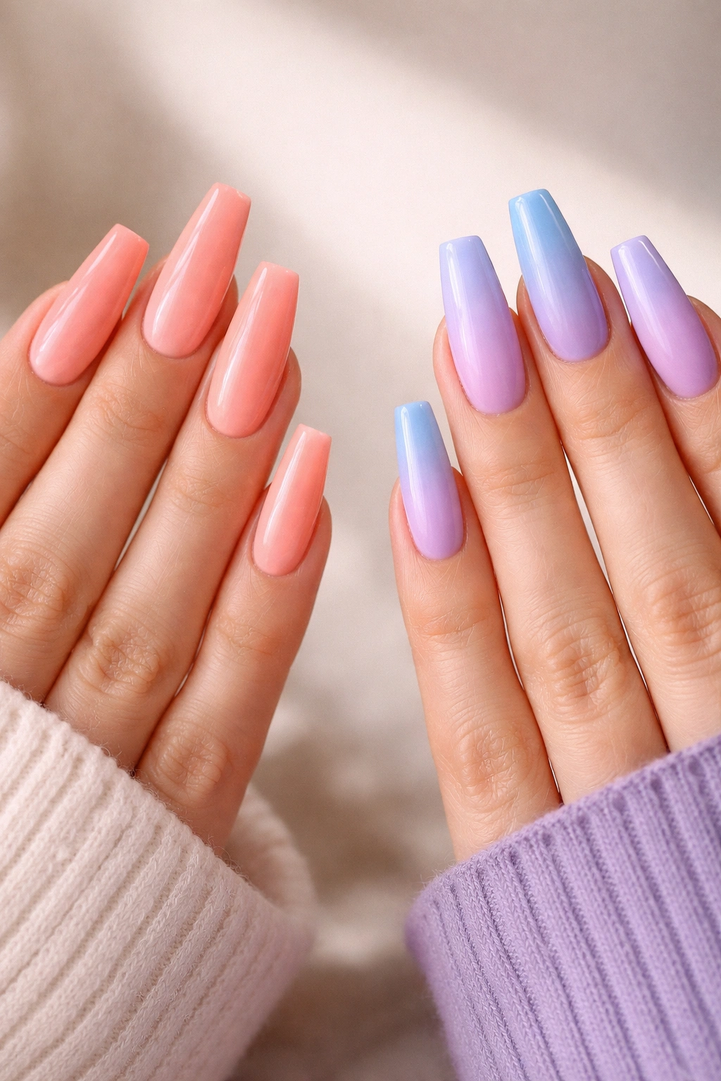 Coffin nails with gradient ombre in complementary shades on two hands